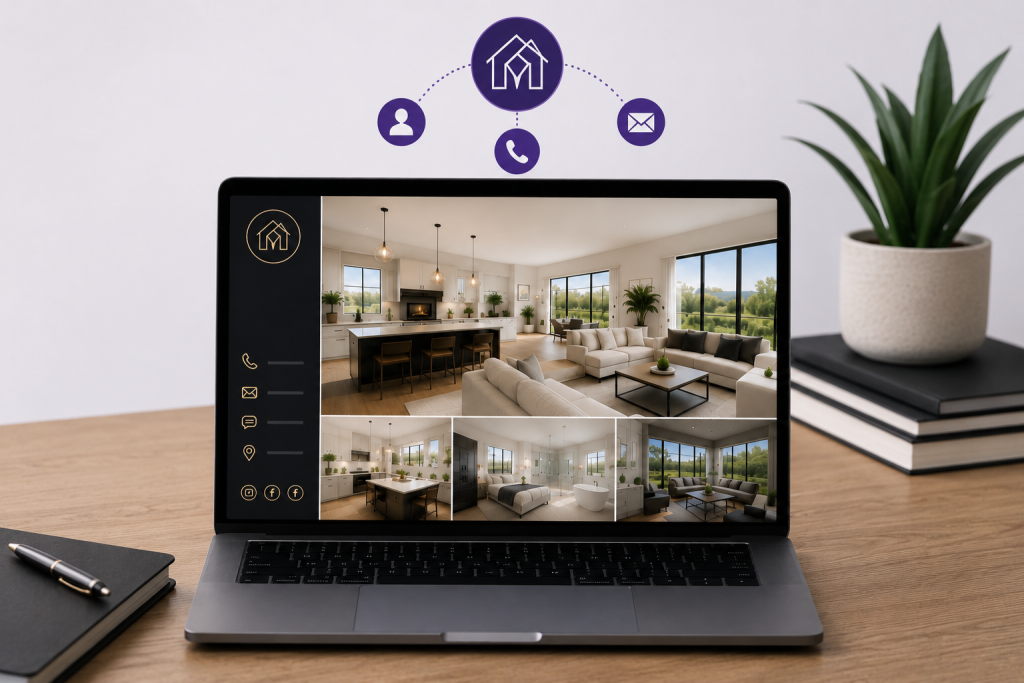 Branded property page with contact details and social media links.