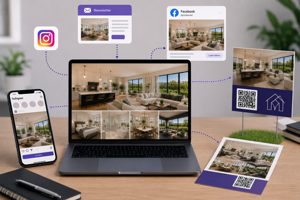 Property marketing distributed across social media, email, and print channels.