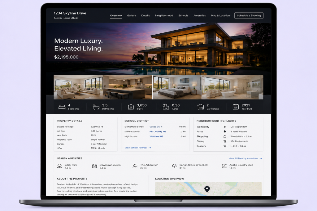 Luxury property website showcasing photos, amenities, schools, and neighborhood information.