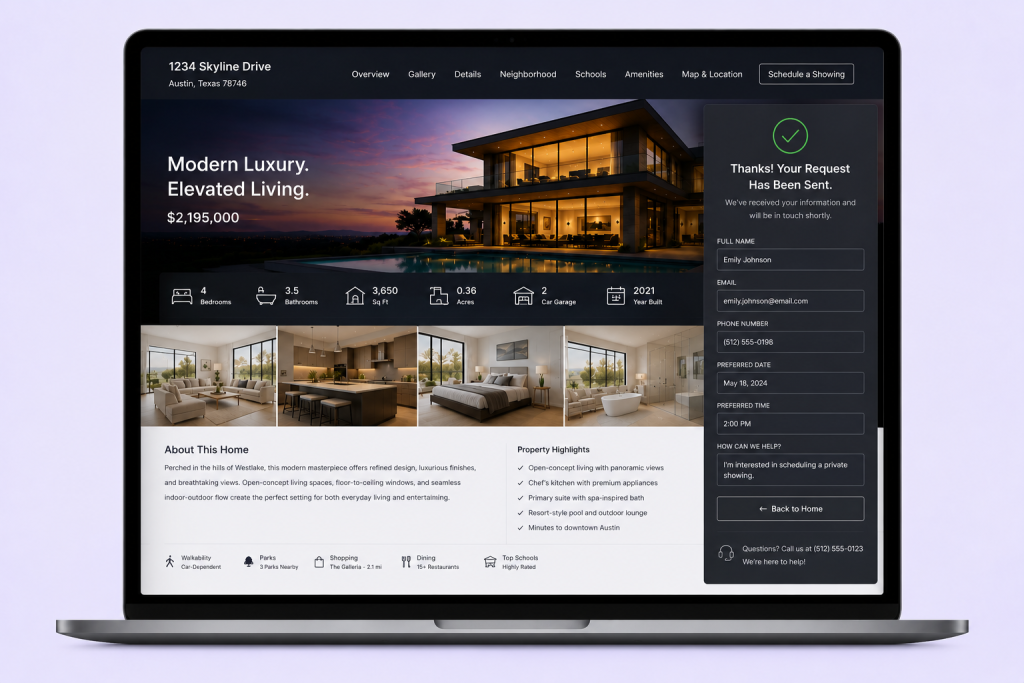 Property website showing a completed showing request and buyer inquiry form.