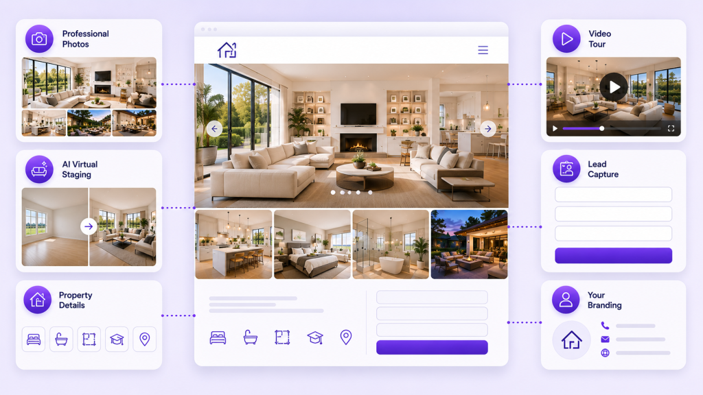 Property website features including photos, video tours, lead capture, and branding.