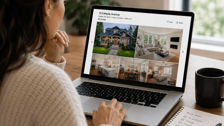 Potential homebuyer viewing listing photos online before scheduling a showing.