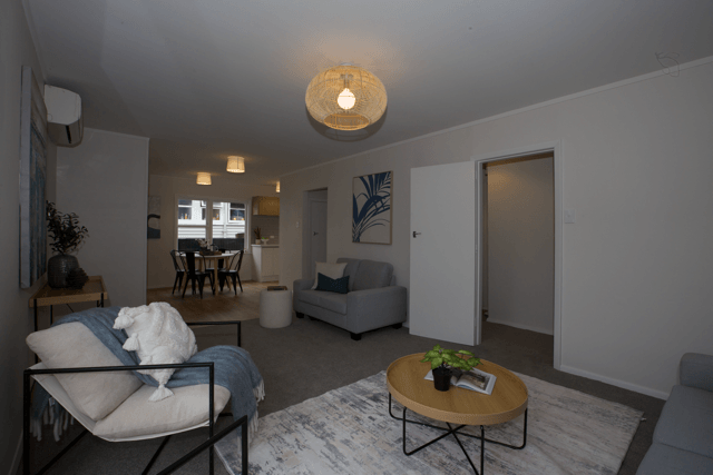 Before-and-after AI-edited real estate photo showing a living room transformed from dark and dim to bright and inviting.