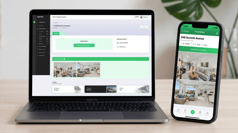 Laptop and smartphone displaying a real estate photo editing platform with property images and listing management tools.