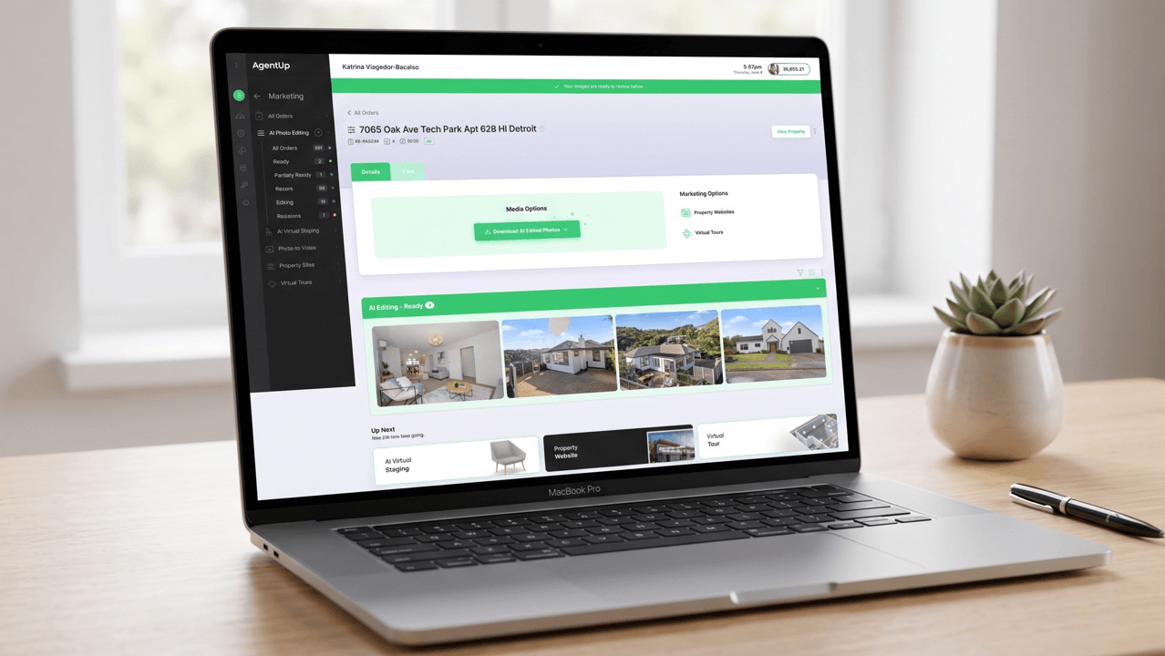 Laptop displaying an AI real estate photo editing dashboard with property images and editing workflow tools.