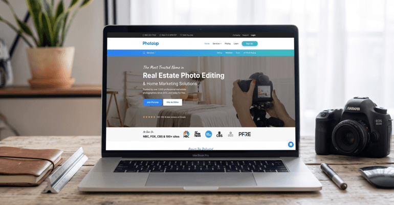 PhotoUp real estate photo editing platform displayed on a laptop for professional property image enhancement and workflow management.