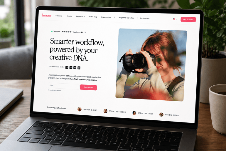 Imagen AI photo editing software displayed on a laptop, showcasing AI-powered workflow automation for photographers.