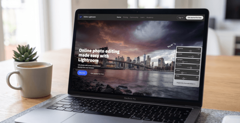 Adobe Lightroom photo editing software displayed on a laptop, featuring AI-powered tools for image enhancement and masking.