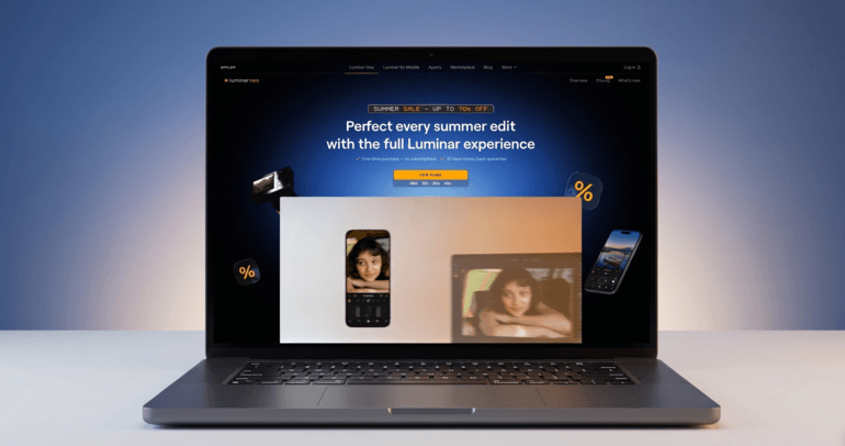Luminar Neo AI photo editing software displayed on a laptop, highlighting tools for sky replacement, relighting, and image enhancement.