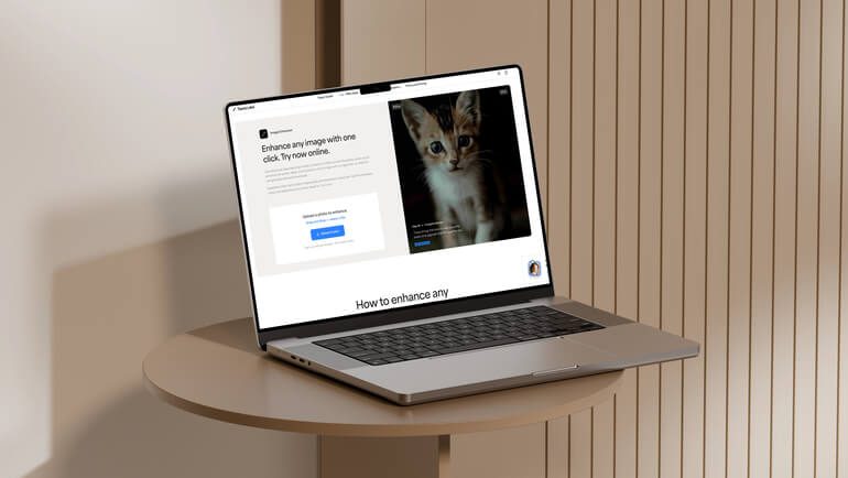 Topaz Photo AI image enhancement software displayed on a laptop, showcasing AI-powered sharpening, noise reduction, and photo upscaling tools.