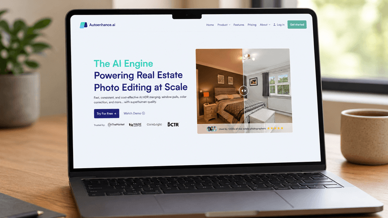 Autoenhance.ai real estate photo editing platform displayed on a laptop, showcasing AI-powered image enhancement and property photo optimization.
