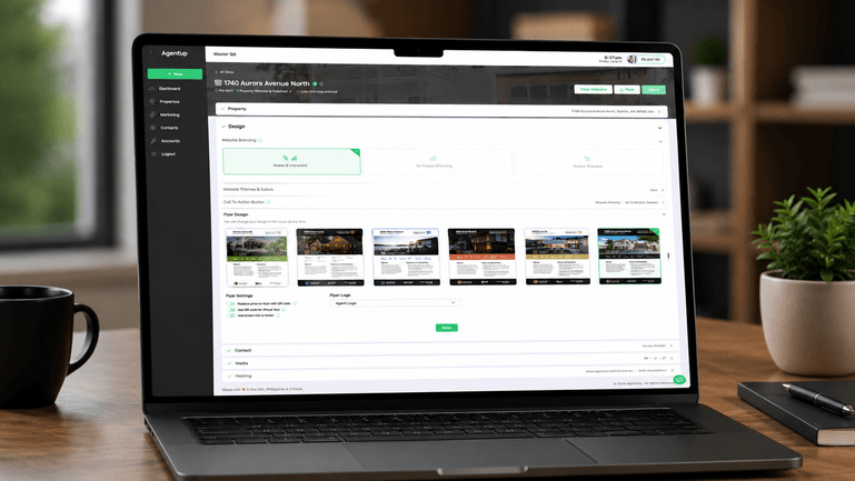 Laptop displaying AgentUp software for creating real estate flyers with QR codes