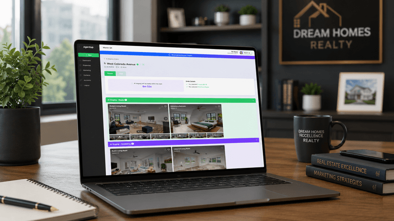 Laptop displaying the AgentUp AI virtual staging dashboard for real estate.