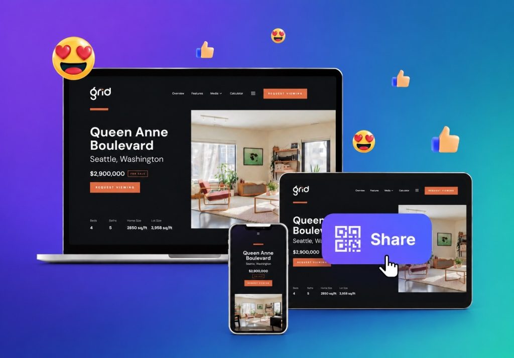 Real estate property website pricing visual showing listing website previews across desktop, tablet, and mobile devices with a share button.