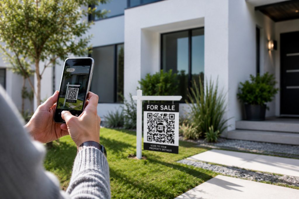 Homebuyer scanning a QR code on a real estate yard sign with a smartphone.