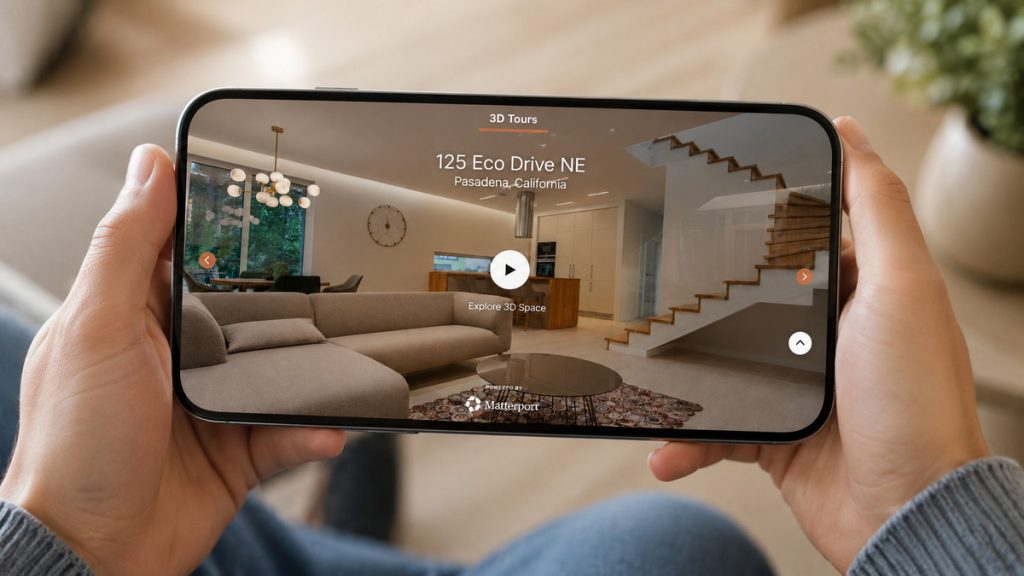 Virtual home tour opened on a smartphone after scanning a real estate QR code.