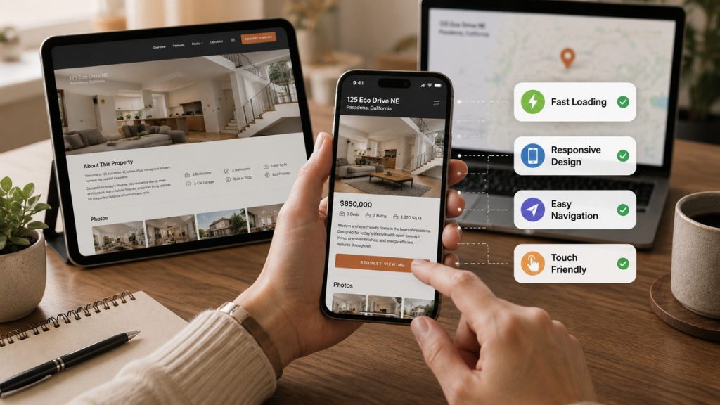 Responsive real estate listing displayed on mobile and tablet after scanning a QR code.