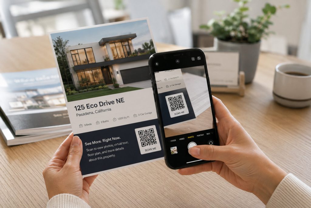 Buyer scanning a real estate flyer QR code with a smartphone to view property details.