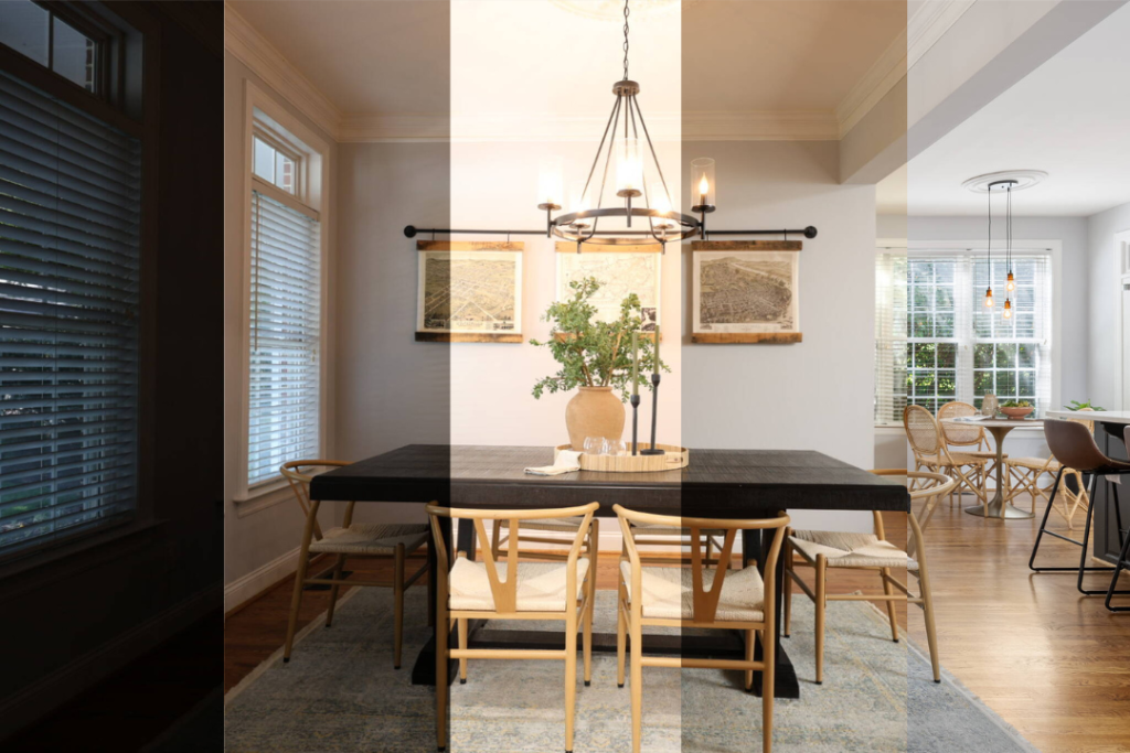 AI photo editing for real estate lighting comparison.