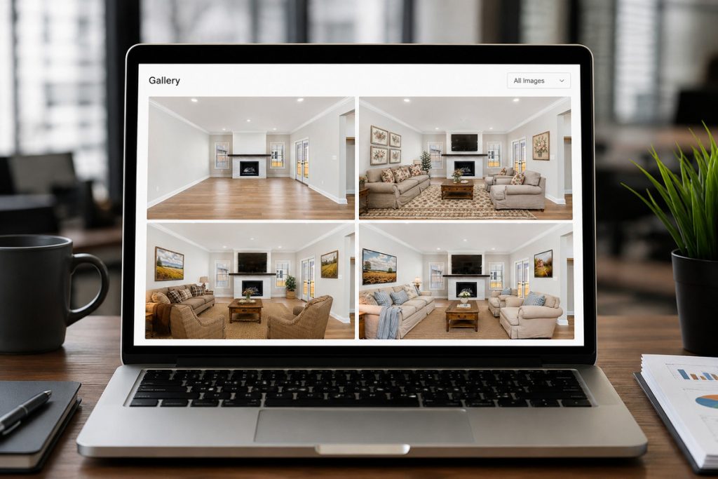 Laptop showing a gallery of AI virtual staging before-and-after images.