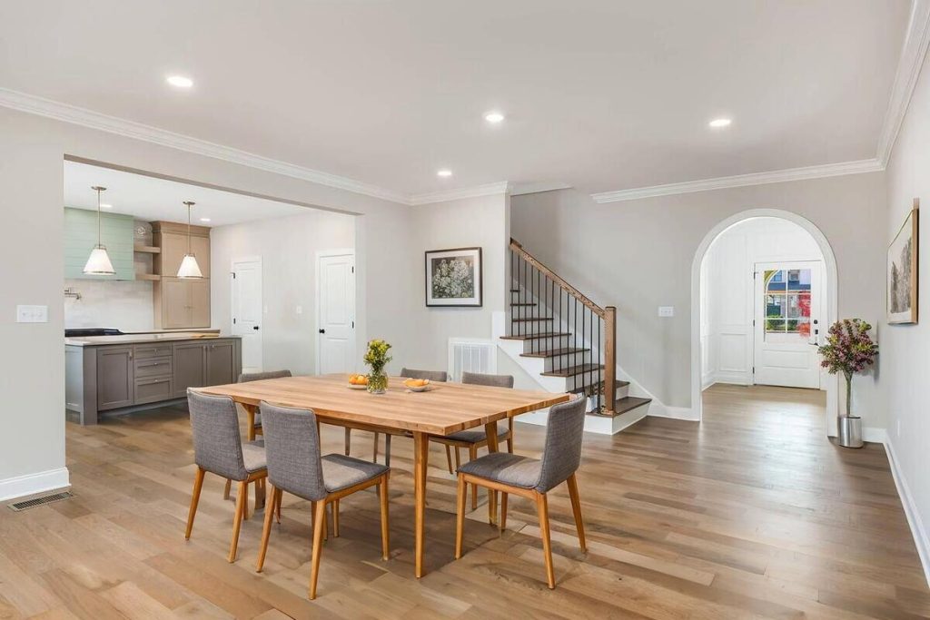 Contemporary dining room created using AI virtual staging solutions.