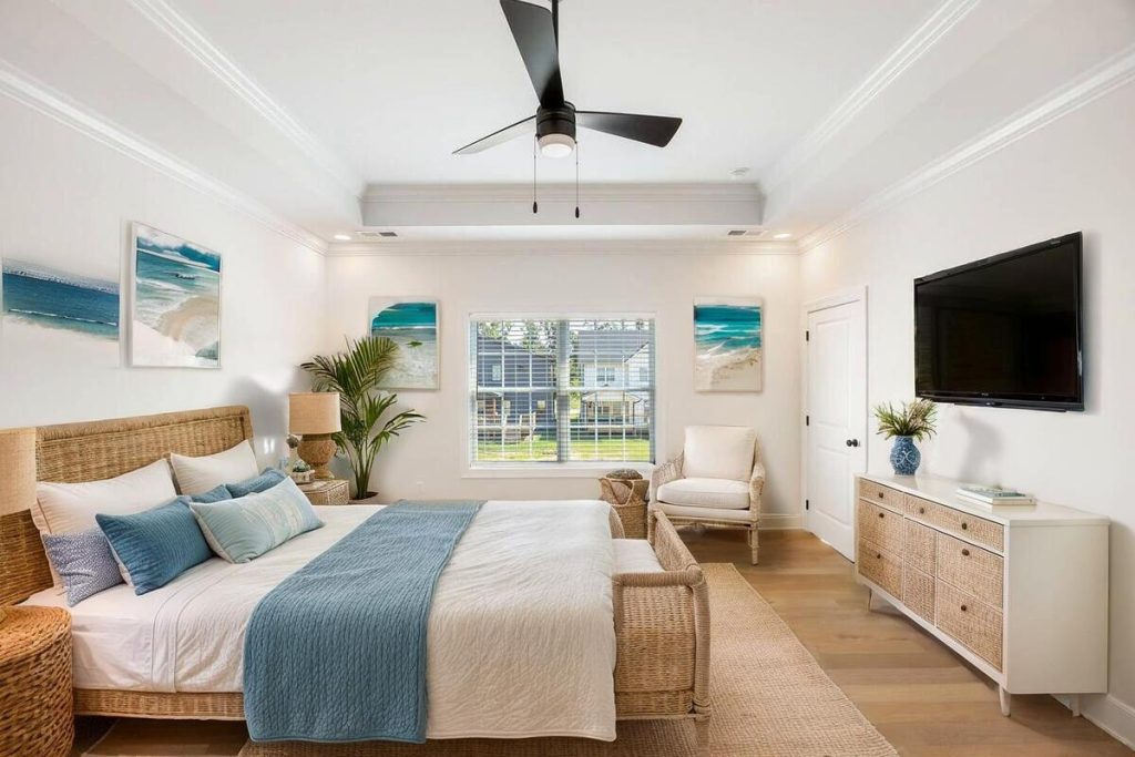 Coastal-style bedroom transformed with AI virtual staging featuring blue accents and woven furniture.