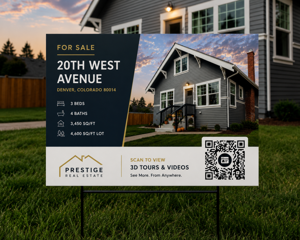 Real estate yard sign promoting one of the best single property websites with a QR code.