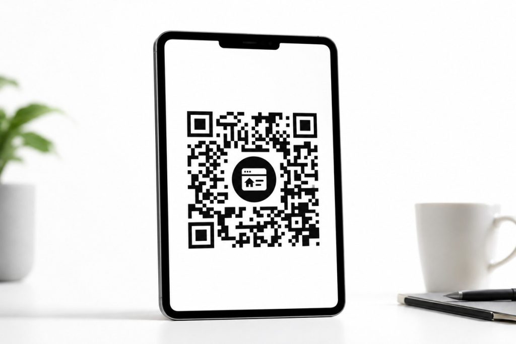 Tablet displaying a QR code for a real estate property listing.
