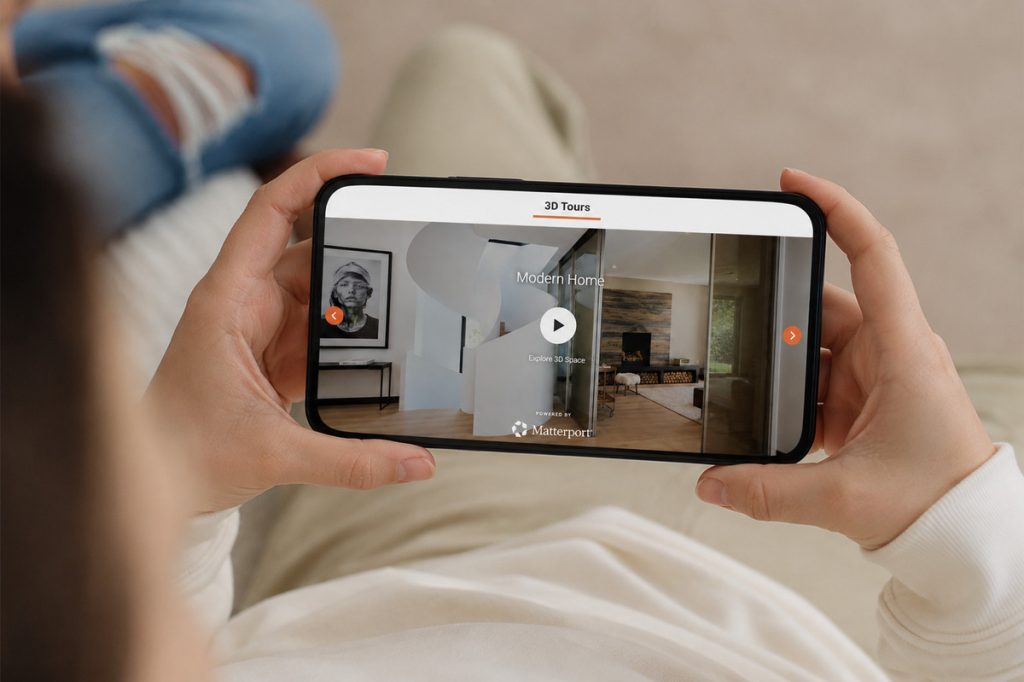 3D virtual home tour accessed through QR codes on real estate signs.
