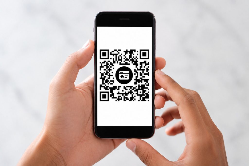 Smartphone displaying a QR code used for real estate sign marketing.
