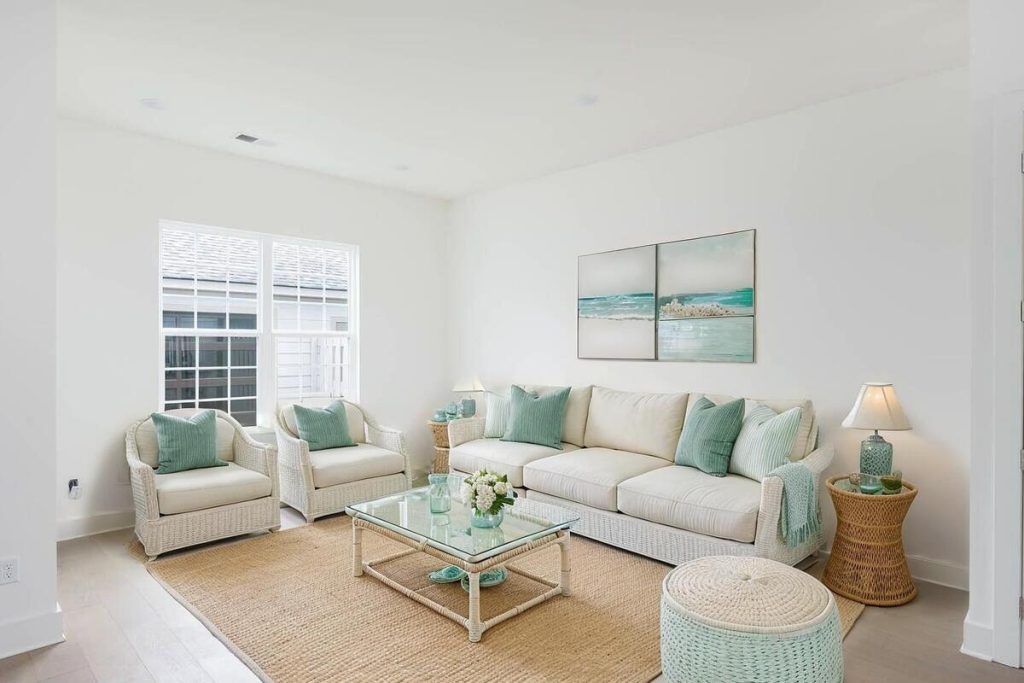 Beach-style living room with virtual home staging software