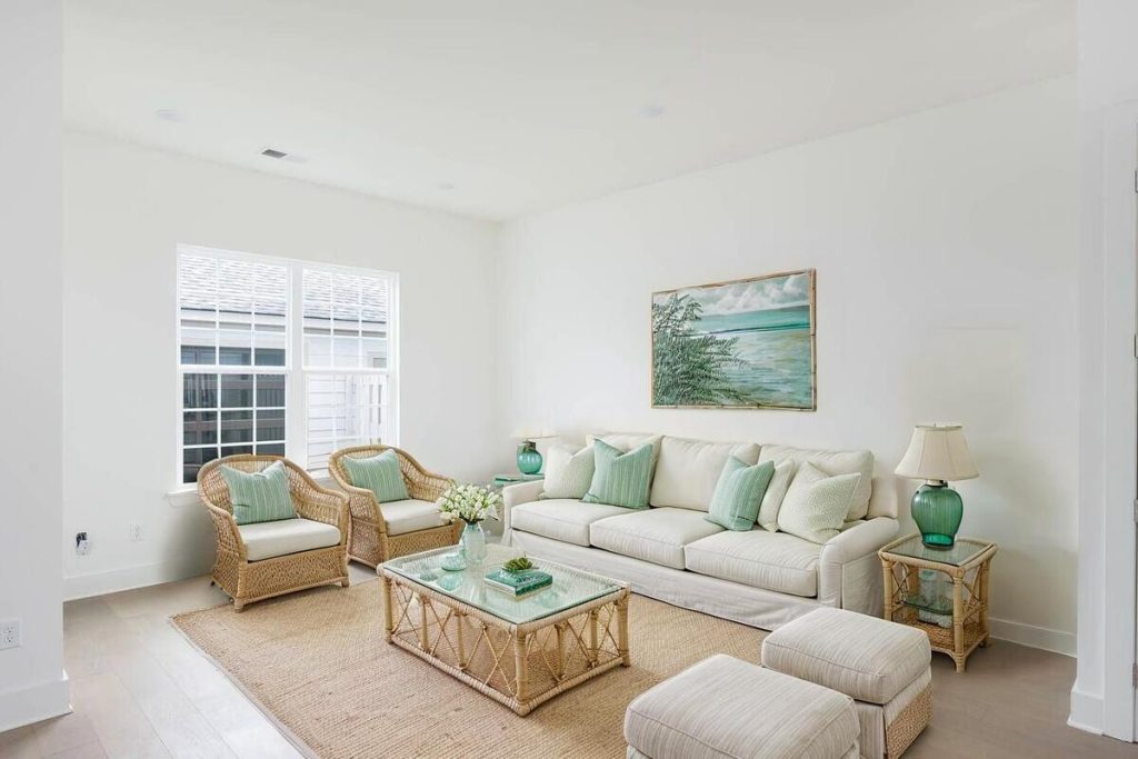 Coastal living room staged with virtual home staging software