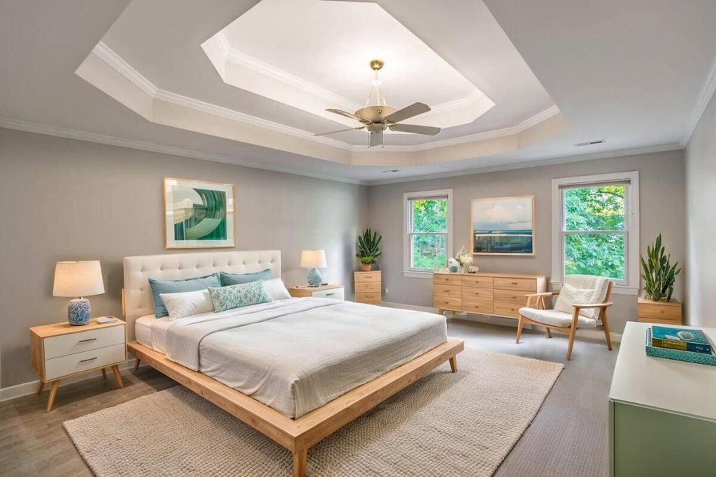 Bright master bedroom staged with virtual home staging software