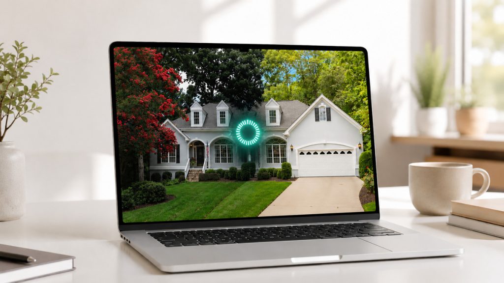 Laptop displaying AI processing for a real estate photo