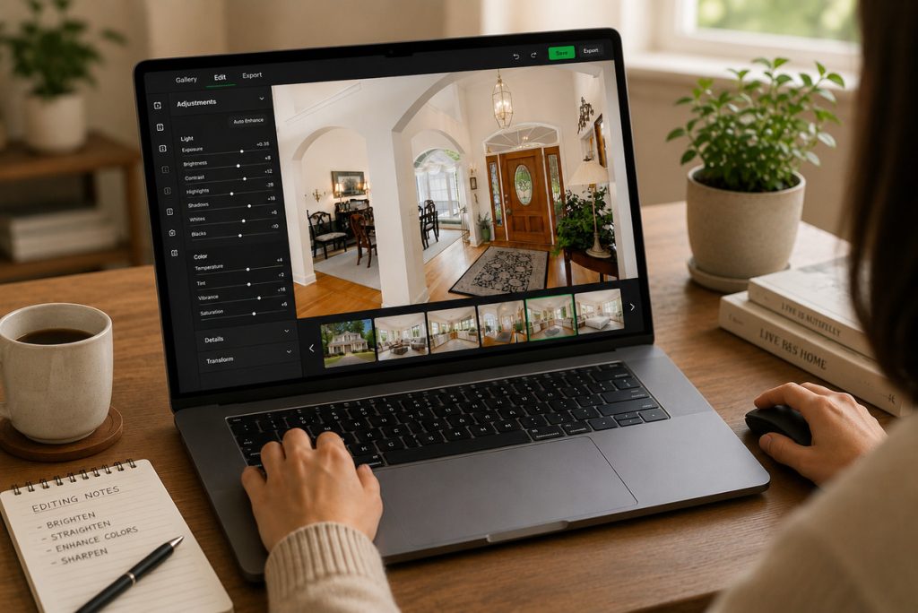 Photo editor enhancing real estate listing photos on a laptop