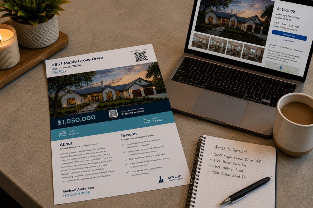 Real estate flyer placed beside a laptop displaying the same property listing for print and digital marketing.