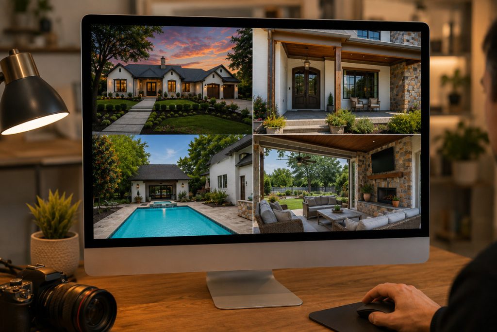 Real estate photographer selecting listing photos for professional real estate flyers on a desktop monitor.