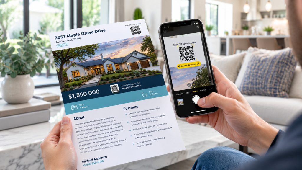 Person scanning a QR code on a professional real estate flyer using a smartphone.