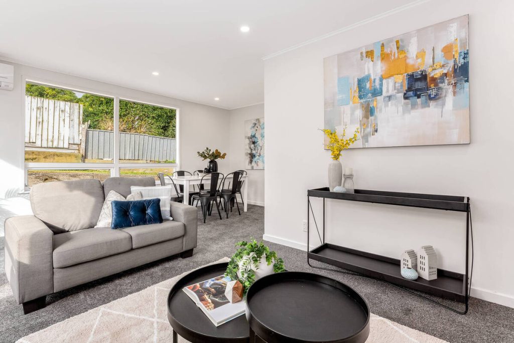 Modern living room enhanced with real estate photo editing AI