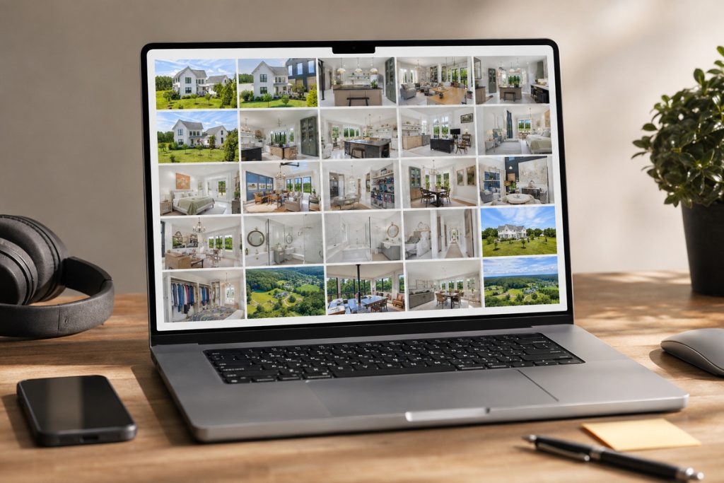 Laptop displaying a real estate photo editing AI property gallery