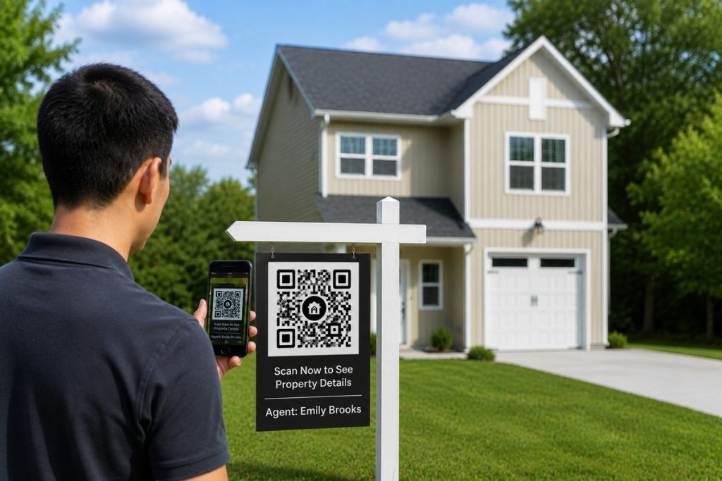 Buyer scanning QR codes in real estate marketing from a property yard sign.