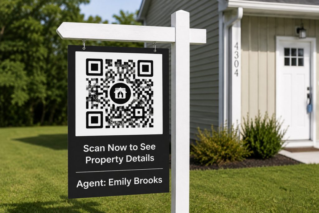 Close-up of QR codes in real estate marketing on a property yard sign.