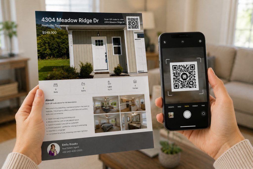 Scanning QR codes in real estate marketing from a property flyer indoors.