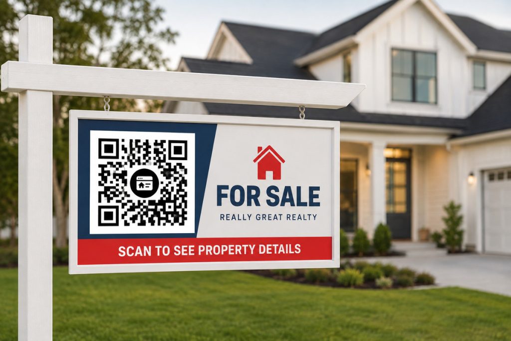 Modern for-sale sign featuring QR codes in real estate marketing.