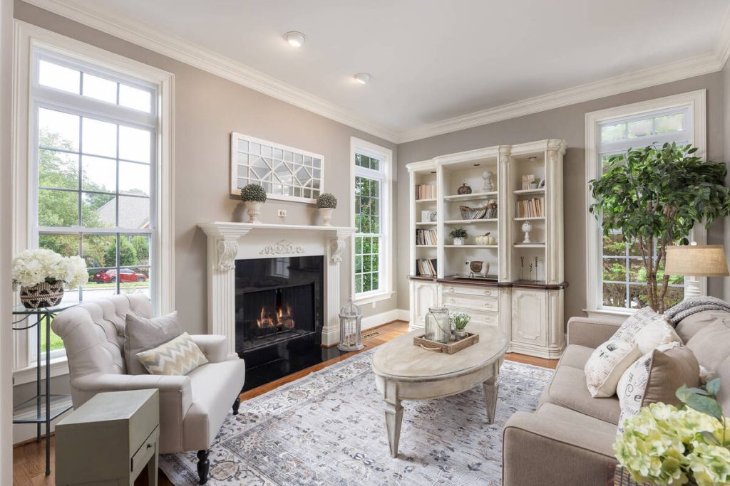 AI HDR real estate photo editing for a bright living room