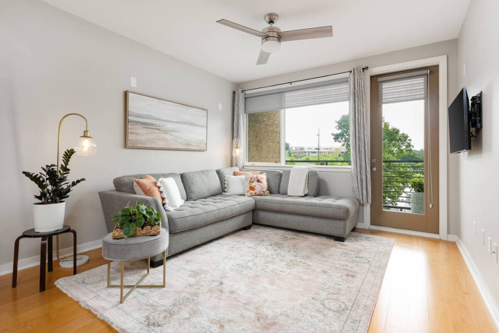 Bright living room after AI HDR real estate photo editing