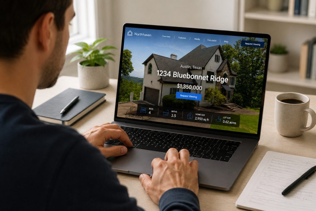Person viewing a completed real estate property website on a laptop