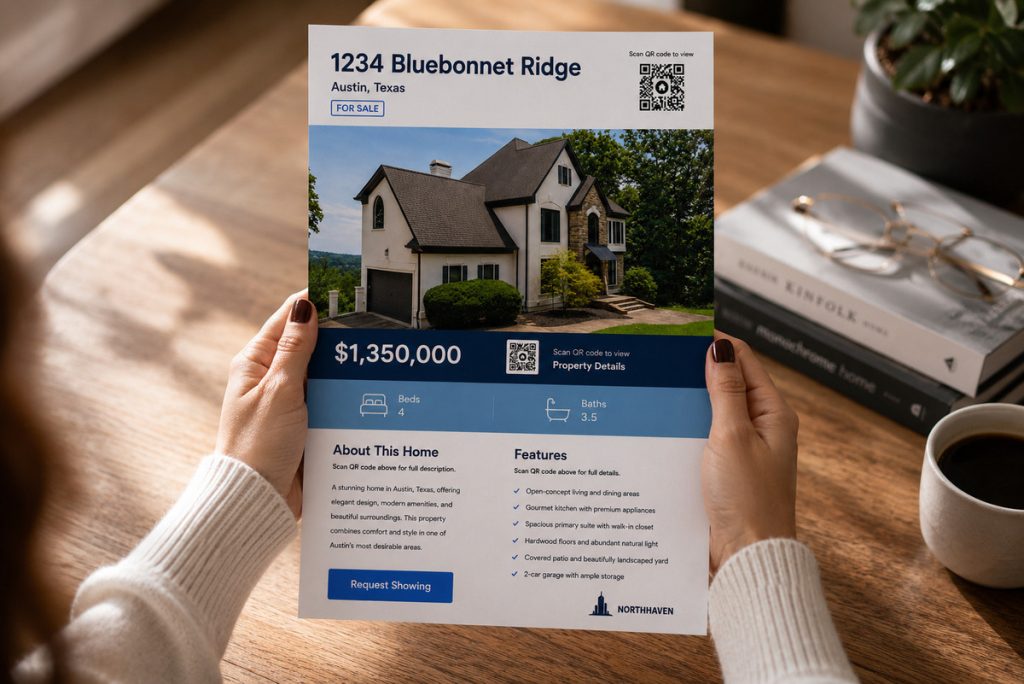 Property flyer with QR code linking buyers to a real estate website