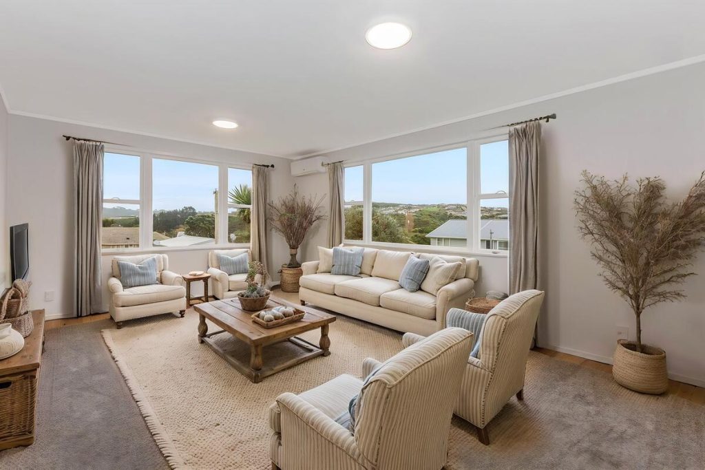 Best AI virtual staging example featuring neutral seating and rustic wood furniture.