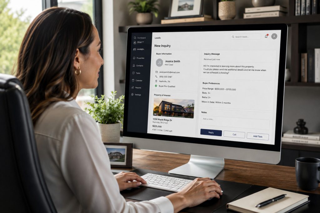 Real estate agent reviewing a buyer inquiry generated through single property websites